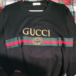 Gucci Black Crewneck Sweater with Gold and Green-Red Accents